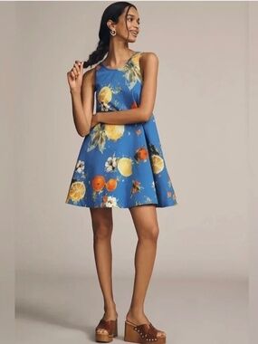 Anthropologie Maeve Keiko Mini Dress Size M Citrus Fruit Floral Lemon Blossom